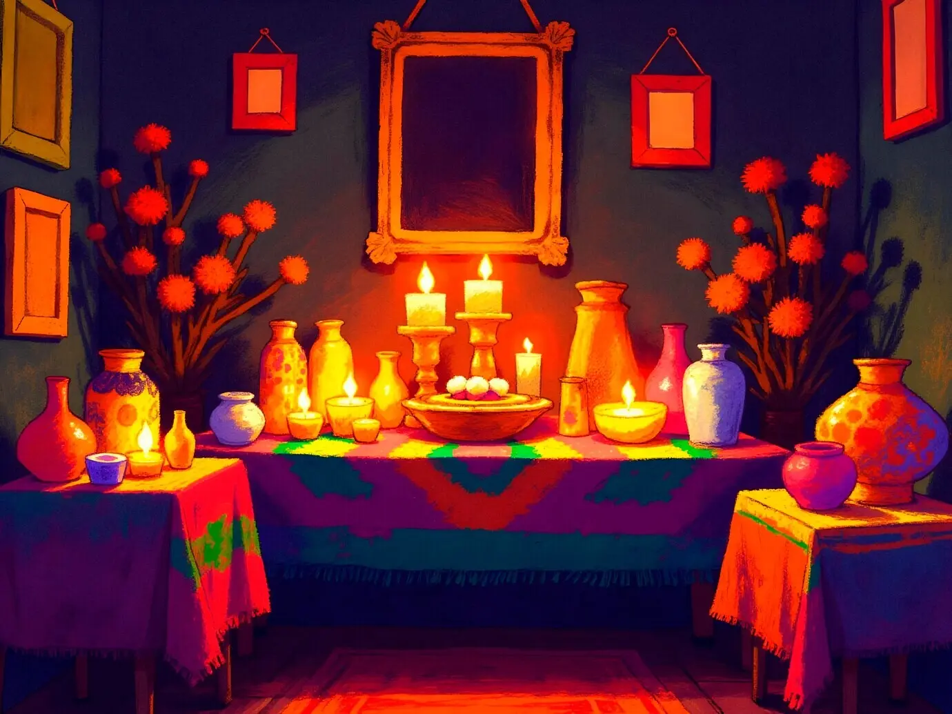 Tag-der-Toten-Altar: Kerzen, Blumen und Töpferwaren